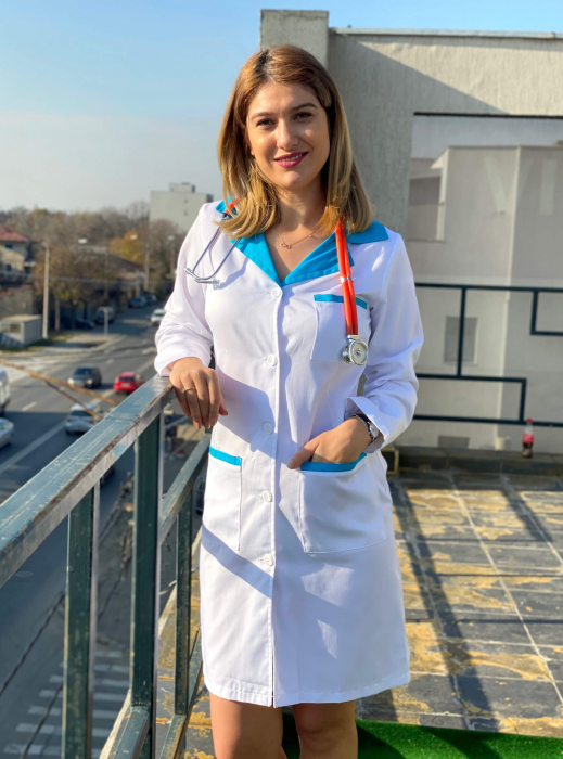 Halat alb lung, guler turquoise, maneca lunga [5]