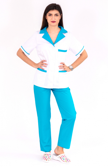 Halat alb scurt, guler turquoise [3]