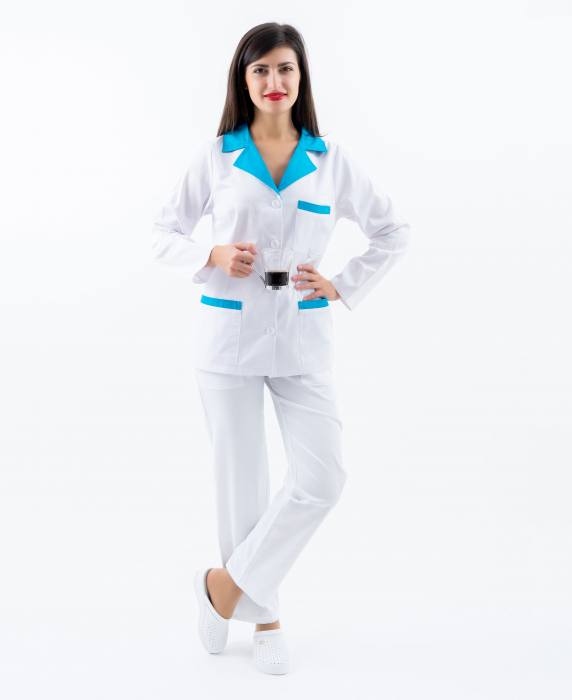 Halat alb scurt, guler turquoise, maneca lunga [4]