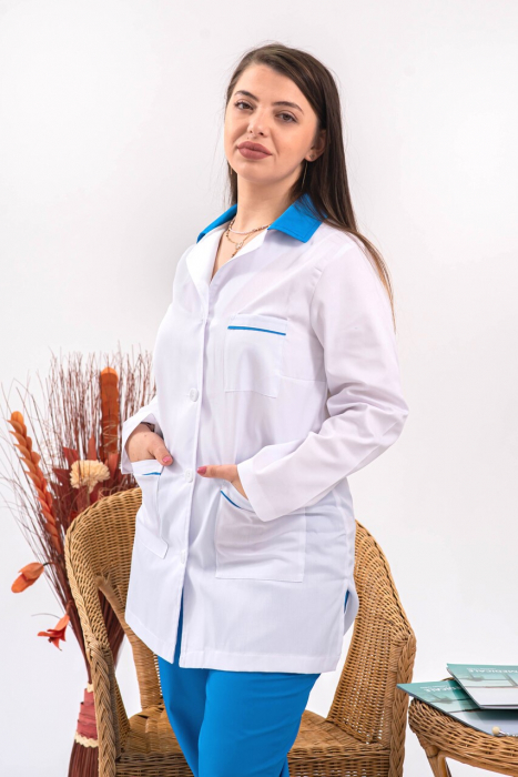 Halat Bianca alb, guler casual blue, maneca lunga [4]