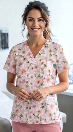 Bluze Medicale - bluza-bumbac-anemone-japoneze-fond-roz