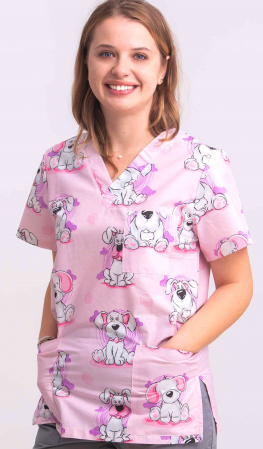 Bluze Medicale - Bluza Bumbac Catelusi Albi Fond Roz