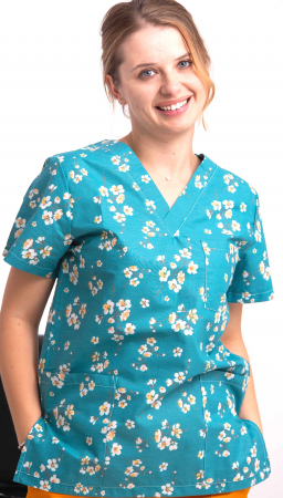Bluze Medicale - Bluza Bumbac Flori De Cires Fond Turquoise