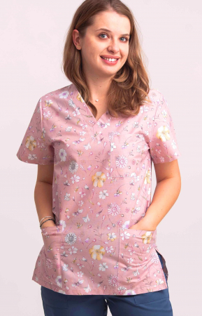 Bluze unisex cu imprimeuri - Bluza Bumbac Flori Fond Roz Prafuit