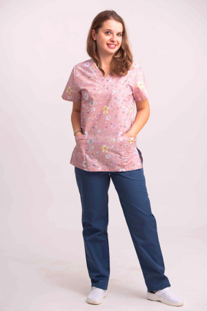 Bluza Bumbac Flori Fond Roz Prafuit [1]