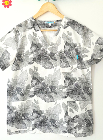 Bluze Medicale - bluza-bumbac-flori-mari-gri-fond-alb