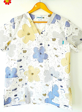 Bluze Medicale - bluza-bumbac-flori-pictate-gri-si-albastre