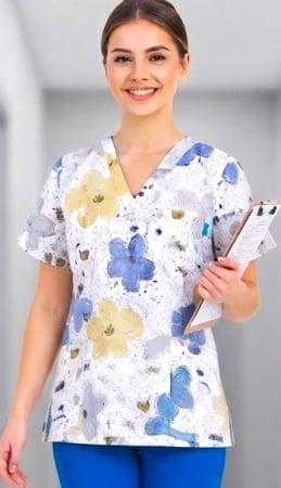 Bluze Medicale - bluza-bumbac-flori-pictate-gri-si-albastre