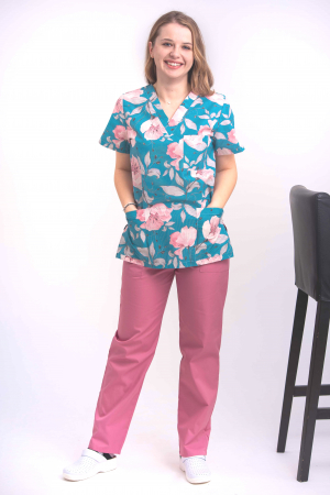 Bluza Bumbac Flori Roz Fond Albastru [2]