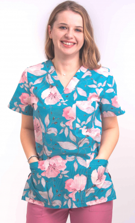 Bluza Bumbac Flori Roz Fond Albastru [1]