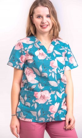 Bluze unisex cu imprimeuri - Bluza Bumbac Flori Roz Fond Albastru