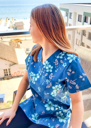 Bluza Bumbac Flori Turquoise Fond Albastru Marin [5]