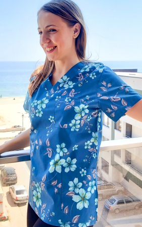 Bluza Bumbac Flori Turquoise Fond Albastru Marin [2]