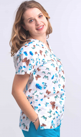 Bluze Medicale - Bluza Bumbac Fluturasi Albastri Fond Alb