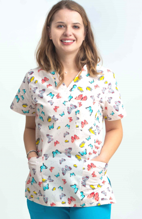 Bluze Medicale - Bluza Bumbac Fluturasi Bleu Fond Roz