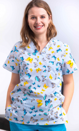 Bluze Medicale - Bluza Bumbac Fluturasi Galbeni Fond Bleu