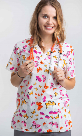 Bluze Medicale - Bluza Bumbac Fluturasi Portocalii Fond Alb