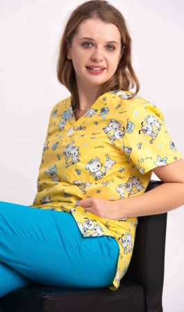 Bluze Medicale - Bluza Bumbac Miau Miau Fond Galben