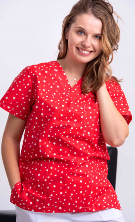 Bluze Medicale - Bluza Bumbac Stelute Fond Rosu