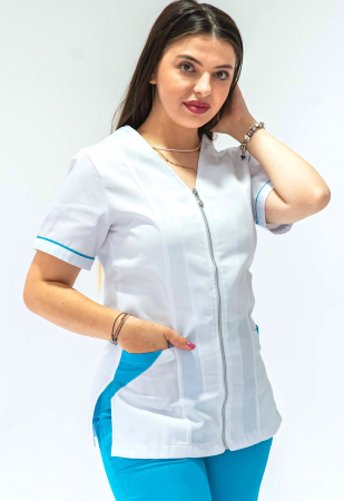 Halate medicale cu fermoar - HALAT ALB CU FERMOAR SI TRIUNGHI TURQUOISE
