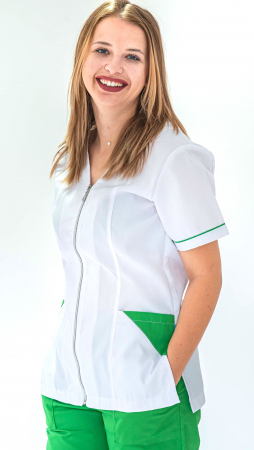 Halate medicale cu fermoar - HALAT ALB CU FERMOAR SI TRIUNGHI VERDE IARBA