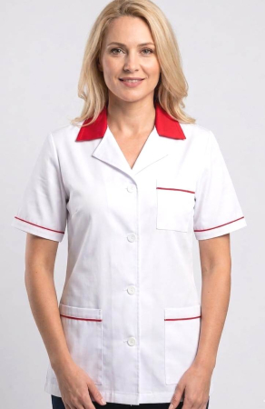 Halate medicale albe - Halat alb scurt, guler rosu