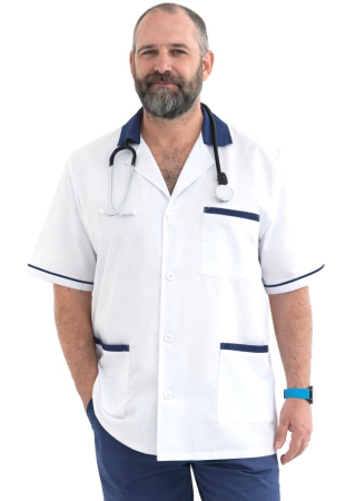 Halate medicale barbati - Halat barbati alb, guler gri-albastrui