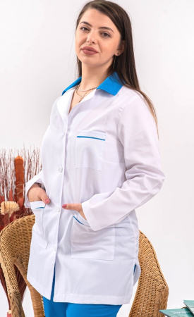 Halate medicale femei - Halat Bianca alb, guler casual blue, maneca lunga