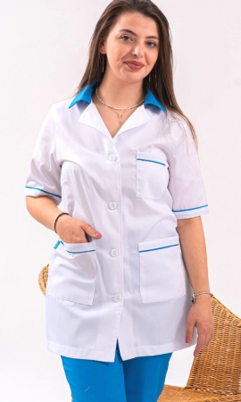 Halate medicale femei - Halat Bianca alb, guler casual blue, maneca scurta