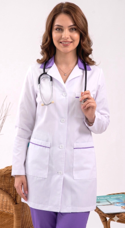 Halate medicale femei - Halat Bianca alb, guler MOV, maneca lunga