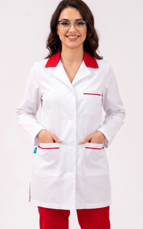 Halate medicale femei - Halat Bianca alb, guler ROSU, maneca lunga