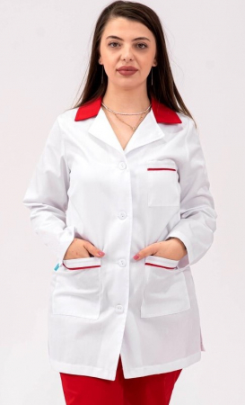 Halate medicale femei - Halat Bianca alb, guler ROSU, maneca lunga
