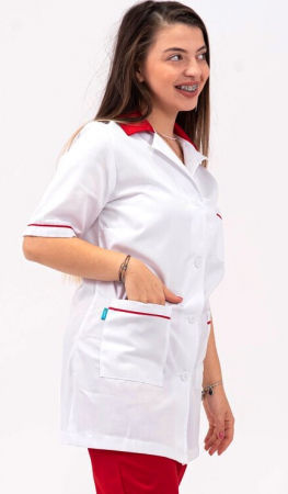 Halate medicale femei - Halat Bianca alb, guler ROSU, maneca scurta