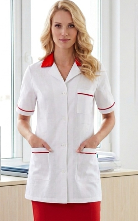 Halate medicale femei - Halat Bianca alb, guler ROSU, maneca scurta