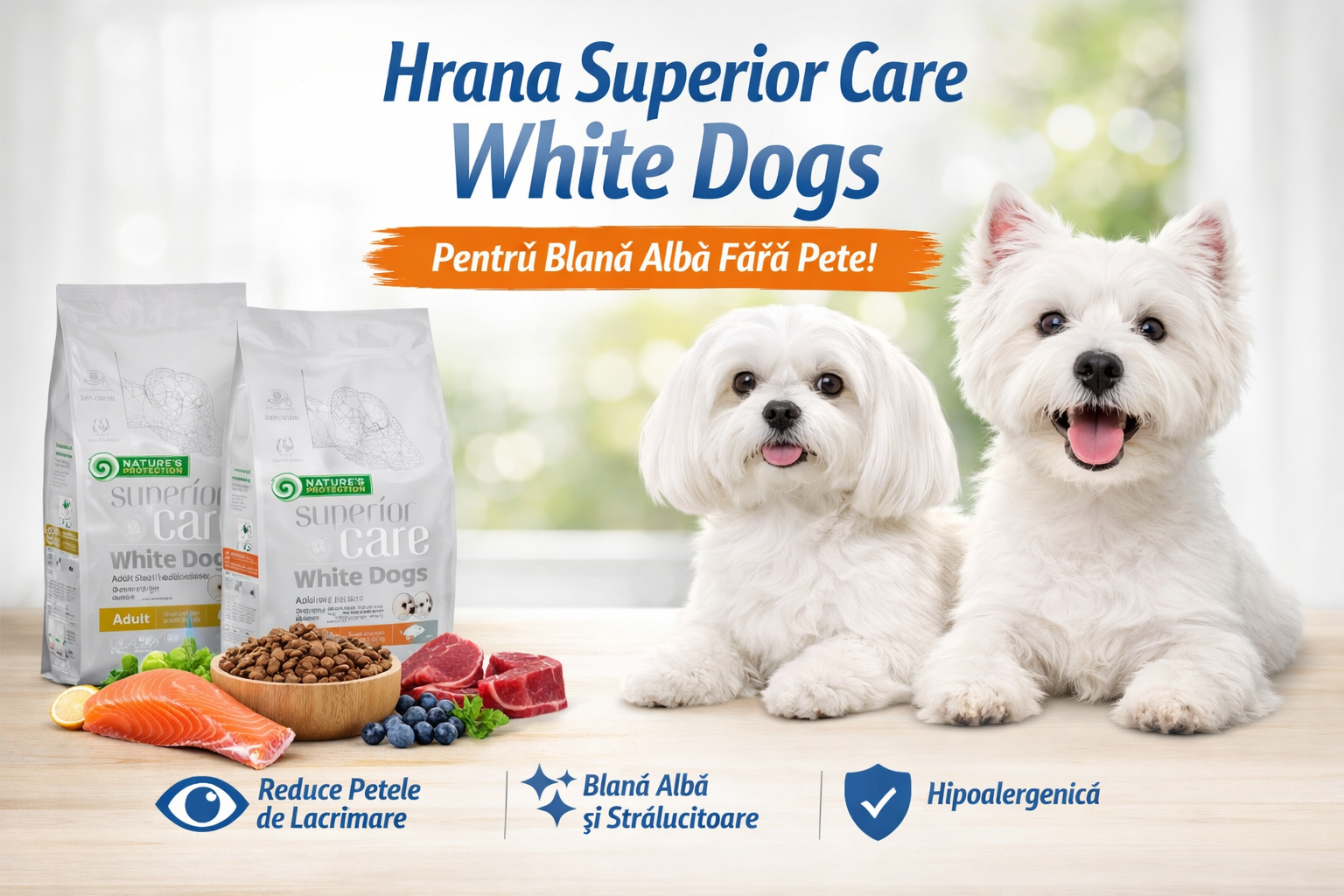 👉 Hrana Superior Care White Dogs – Secretul câinilor cu blană albă fără pete