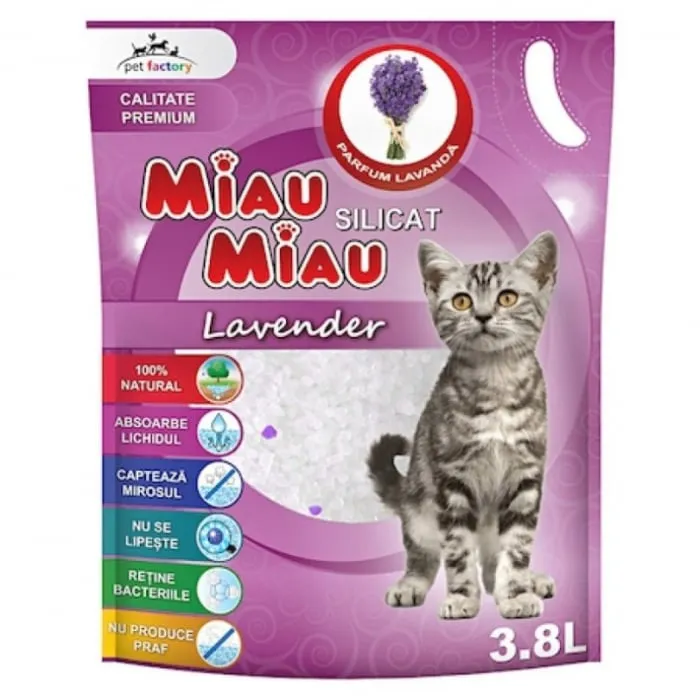 Asternut igienic pentru pisici Miau Miau Silicat cu lavanda 3,8L