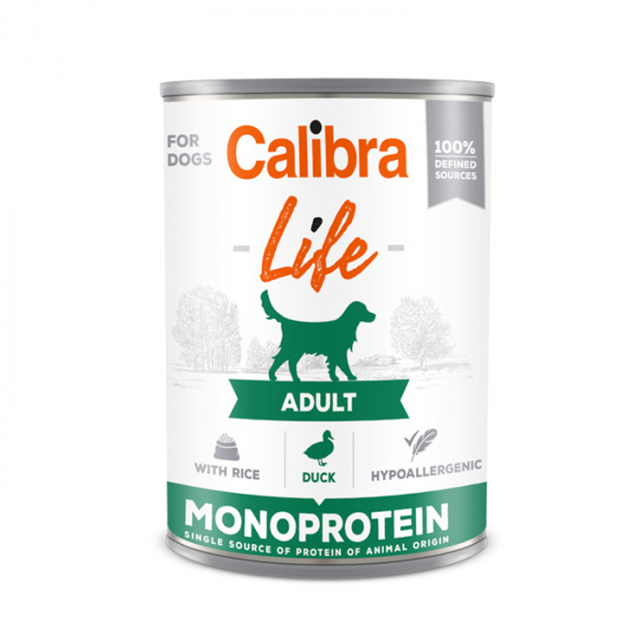 Conserva pentru caini Calibra Dog Life Adult cu rata  orez 400 gr