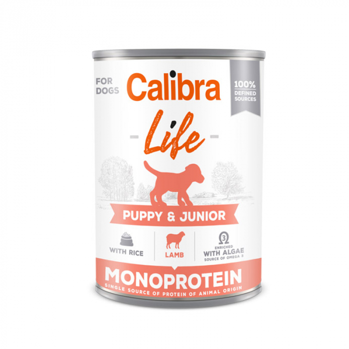 Conserva pentru caini Calibra Dog Life Puppy  Junior cu miel  orez 400 gr