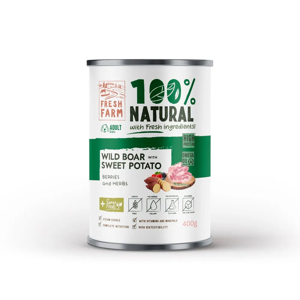 Conserva pentru caini Fresh Farm Coarse Pate cu mistret, fructe de padure  ierburi 400 gr