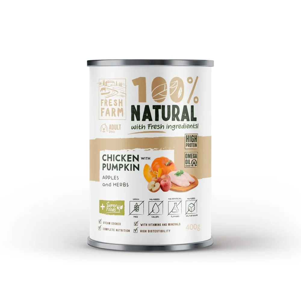 Conserva pentru caini Fresh Farm Coarse Pate cu pui , dovleac  mere 400 gr