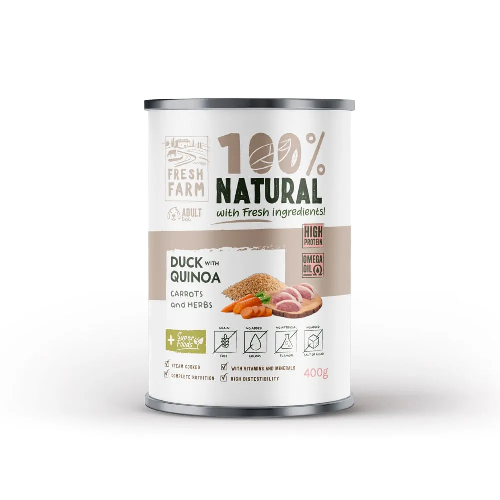 Conserva pentru caini Fresh Farm Coarse Pate cu rata, quinoa  morcov 400 gr