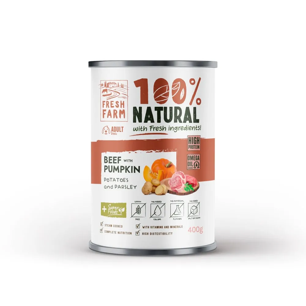 Conserva pentru caini Fresh Farm Coarse Pate cu vita, dovleac  cartofi 400 gr
