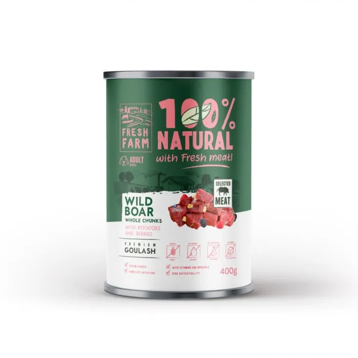 Conserva pentru caini Fresh Farm Goulash cu mistret,cartofi  fructe de padure 400 gr