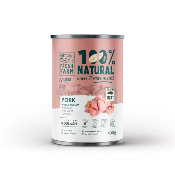 Conserva pentru caini Fresh Farm Goulash cu porc, mazare  cartof dulce 400 gr