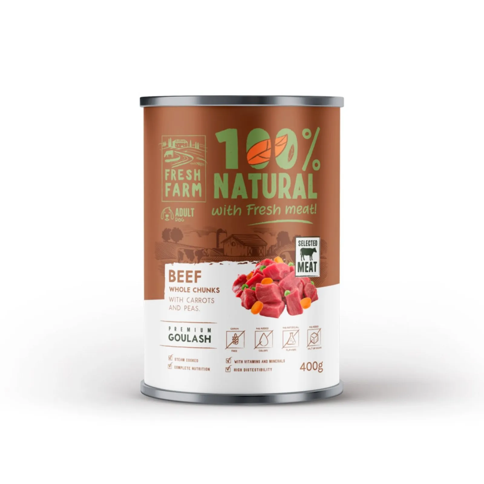 Conserva pentru caini Fresh Farm Goulash cu vita, morcovi  mazare 400 gr