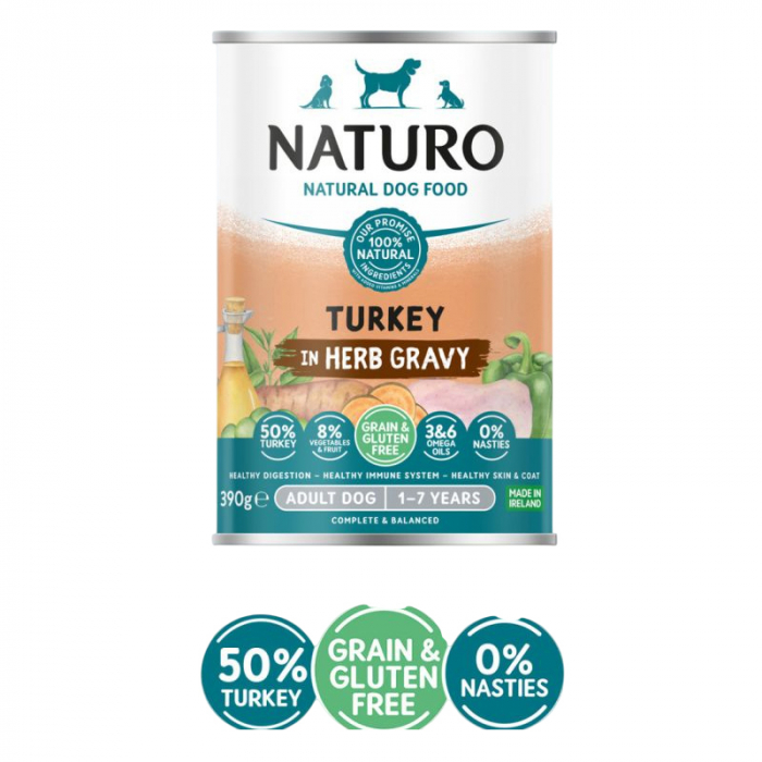 Conserva pentru caini Naturo Adult cu curcan, fructe  legume 390 gr