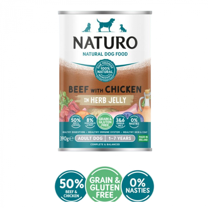 Conserva pentru caini Naturo Adult cu vita  pui 390 gr