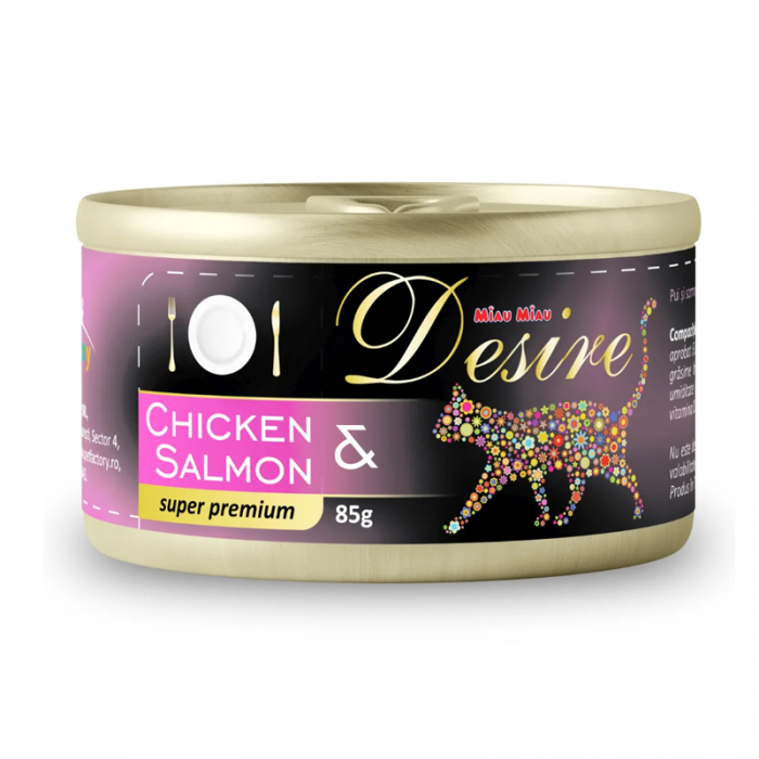 Conserva pentru pisici Desire cu pui file  somon in gelatina 85 gr