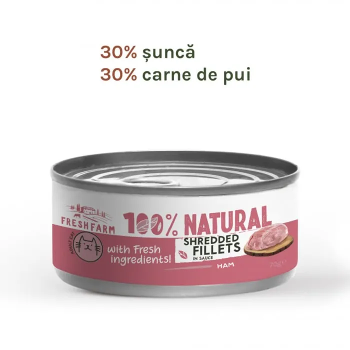 Conserva pentru pisici Fresh Farm Schredded Fillets cu rata  pui in sos 70 gr