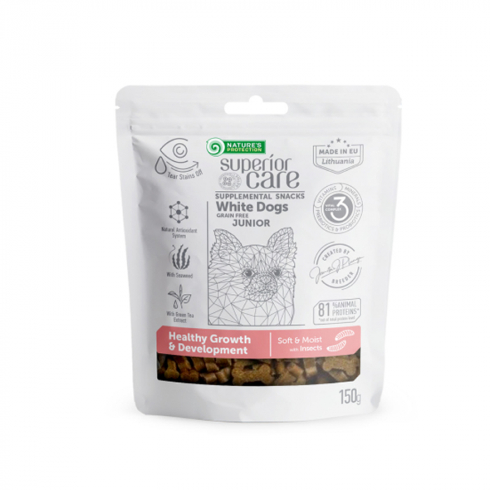 Gustari pentru caini N.P Superior Care White Dogs Junior Healthy Growth cu insecte 150 gr